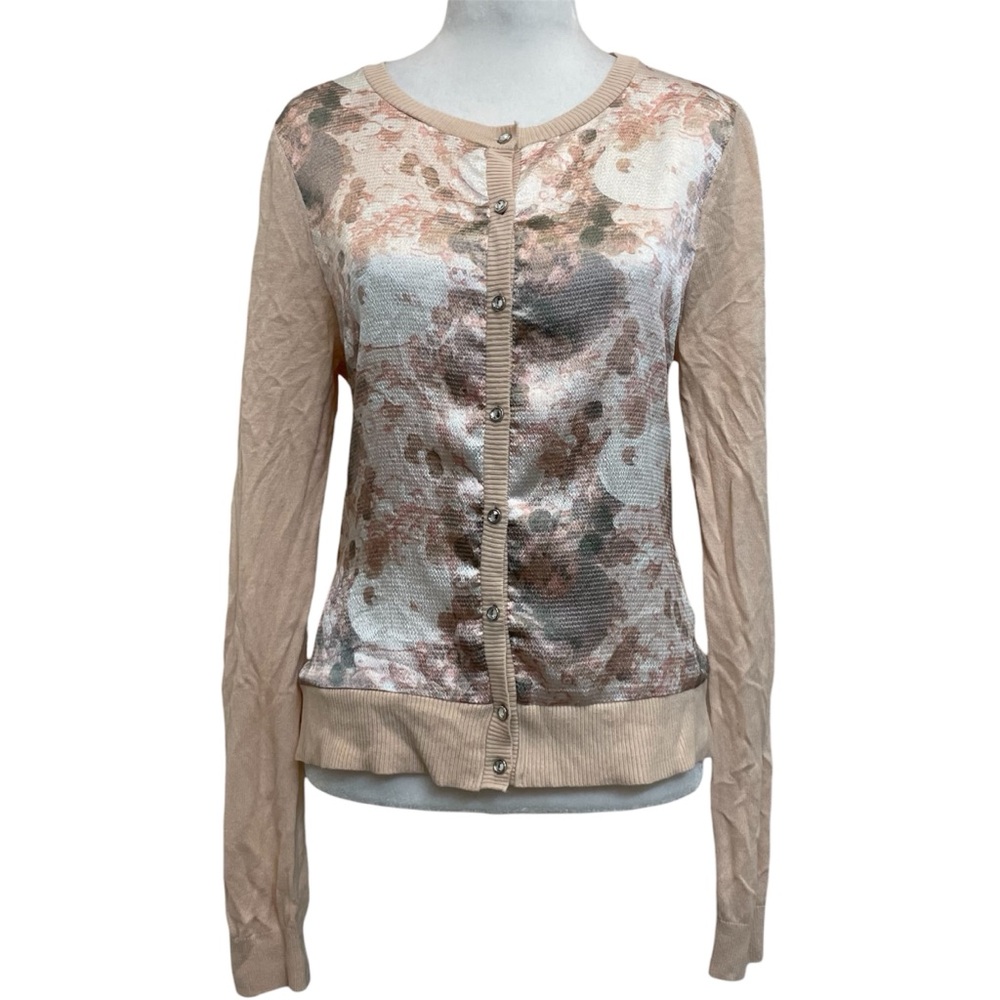 New York & Co Y2K Pink & Peach Floral Crepe Knit Jeweled Cardigan
